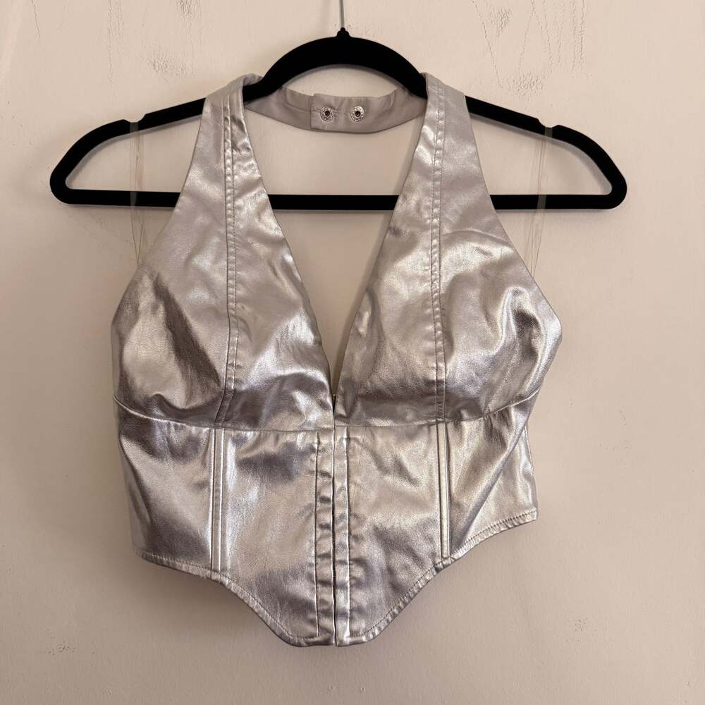 GARY WOOD Silver faux Leather Hook and Eye closure Halter Corset Top Small BNWOT